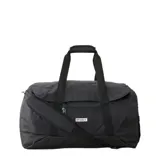 Bolso de viaje Rip Curl modelo Packable Duffle de 50L, color negro, con asas de mano reforzadas y correa ajustable para el hombro. Cuenta con un bolsillo frontal con cierre y etiqueta con el logo de la marca.
