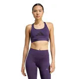 Top deportivo Adidas Powerreact de sujeción media, color violeta con logo de la marca estampado en negro en el frente. Presenta espalda estilo nadador con panel de malla para mayor ventilación y banda elástica inferior.