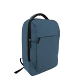 Mochila azul melange con compartimento para laptop, bolsillo frontal con cierre y correas ajustables.