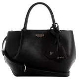 Bolso de mano tipo satchel Guess Amorette, color negro con textura granulada. Presenta asas superiores y una correa ajustable y removible para llevar al hombro o cruzado. Incluye dos dijes colgantes decorativos con el logo de la marca.