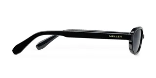 Gafas de sol con montura rectangular de bordes suaves, color negro, con lentes polarizadas color negro.