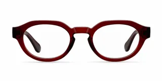 Armazón de receta con diseño geométrico de estilo retro, en color bordó traslúcido. Presenta una montura con parte superior plana y base redondeada, fabricada en materiales bio-based y propionato de celulosa.