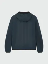 Campera corta con capucha Moncler modelo Altair, de diseño minimalista en color gris oscuro. Presenta cierre frontal completo, puños elásticos y el logo de la marca aplicado en la manga.