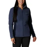 Campera polar de mujer con cierre completo frontal, cuello alto y bolsillos laterales. Presenta un diseño entallado con paneles laterales en un tono de azul más oscuro y el logo de la marca bordado en el pecho.