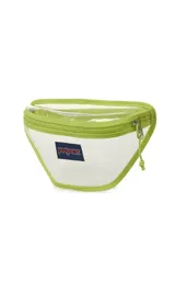 Riñonera transparente con bordes y cierre en color lila. Cuenta con el logo de la marca JanSport en el frente.
