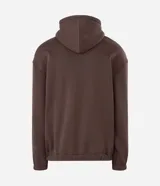 Buzo marrón con capucha y cordones de ajuste, confeccionado en mezcla de algodón y poliéster, con diseño holgado y bolsillo canguro.