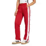 Pantalon deportivo Adidas modelo Adibreak, color rojo con franjas laterales blancas y las icónicas tres tiras en rojo. Presenta botones a presión a lo largo de los laterales y cintura elástica.