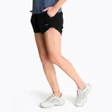 Short deportivo Merrell color negro, confeccionado en poliéster reciclado y spandex de secado rápido. Cuenta con cintura elástica con cordón ajustable, bolsillos laterales y calza interior de malla incorporada.