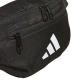 Riñonera Adidas Essentials Waist Bag de color negro, confeccionada en tejido resistente, con compartimento principal con cierre, bolsillo frontal adicional y el logotipo de la marca impreso en blanco. Cuenta con correa ajustable para la cintura.