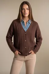 Cardigan de punto color marrón con diseño acanalado vertical, escote en V y cierre frontal con botones. Presenta un corte oversize con mangas largas y puños elásticos.