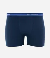 Calzoncillo bóxer azul marino de microfibra con cintura elástica azul con una línea blanca y logo de la marca.