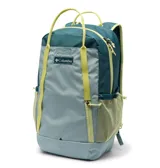 Mochila Columbia Echo Mountain de 25 litros, diseñada para senderismo. Presenta un diseño bicolor en tonos azul y verde agua, con detalles en amarillo neón en las correas y cierres. Incluye compartimento principal amplio, bolsillo frontal con cierre, bolsillos laterales de malla para botellas, correas de hombro ajustables y múltiples asas de agarre.