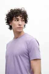 Remera violeta de corte recto con estampa en la espalda.