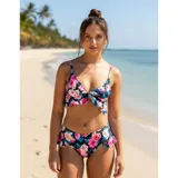 Bikini de dos piezas con estampado floral sobre fondo negro, compuesto por un top con volados y una bombacha de tiro medio con detalles de volados en los laterales.