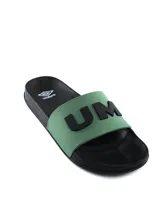 Ojota de descanso Umbro para hombre, de color negro con tira ancha que incluye el logo de la marca en relieve de color gris.