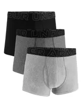 Pack de tres bóxers Under Armour Performance Tech para hombre, en colores negro, gris oscuro y gris claro.