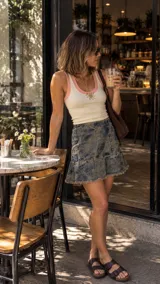Minifalda de denim liviano con efecto acid wash, corte evasé con volado en el ruedo con terminación desmechada y cierre metálico en el costado.