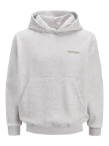 Hoodie gris melange de corte holgado, con capucha, bolsillo tipo canguro y pequeño estampado en el pecho. Confeccionado en tejido loopback con interior suavemente afelpado, puños y dobladillo acanalados.
