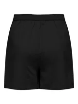 Short de tiro alto negro, confeccionado en mezcla ligera de lino, viscosa y algodón. Cuenta con presillas para cinturón, pinzas frontales y cierre con botón.