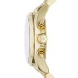 Reloj Michael Kors modelo Bradshaw, con caja y pulsera de acero inoxidable dorado, esfera negra con números romanos y tres subesferas de cronógrafo.