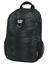 Mochila Caterpillar modelo Benson Streamline, color negro con patrón geométrico de triángulos en tono gris oscuro. Cuenta con compartimento principal acolchado para portátil, bolsillo frontal con organizador, anilla en D metálica y bolsillos laterales de malla.
