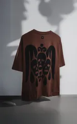 Remera manga corta color marrón (mocca) con un gran estampado trasero en negro que presenta tres máscaras o calaveras estilizadas con una corona en la parte superior y gotas o lágrimas cayendo.