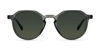 Lentes de sol con armazón geométrico color verde oscuro y lentes polarizadas color verde oscuro.