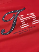 Buzo rojo de algodón con cuello redondo y mangas largas. Presenta un estampado gráfico en el pecho con las letras "TH" en azul marino con estrellas blancas y blanco con rayas rojas, junto con la leyenda "All American Classics New York City". Los puños y el bajo son acanalados con rayas blancas en contraste.