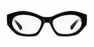 Lentes con armazón negro de diseño geométrico angular y tecnología blueblocker para protección contra la luz azul de pantallas.