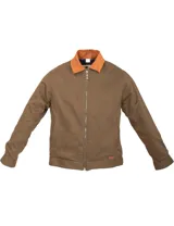 Campera color beige de gabardina 100% algodón, con cuello marrón de pana, cierre metálico reforzado, bolsillos internos y externos, forro de paño, puños y cintura ajustables.