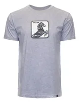 Remera gris de algodón con estampa de caballo enmarcada en un cuadrado con la palabra "Stallion" en la parte superior.
