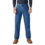 Pantalón de trabajo tipo carpenter de corte relajado, confeccionado en denim de algodón resistente. Presenta bolsillos laterales, bolsillos traseros, presilla para martillo y cierre frontal con botón.