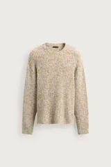 Sweater relaxed fit de punto estructurado color beige con motas amarillas, cuello redondo y manga larga.