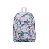 Mochila JanSport Superbreak Plus con estampado de flores pixeladas en tonos pastel y logo de la marca en color lila.