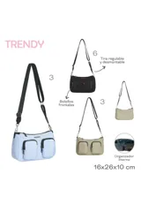 Bandolera de diseño utilitario en color beige, con dos bolsillos frontales externos, cierre principal y correa ajustable. Presenta detalles en color lila en los tiradores de los cierres y logo de la marca estampado.