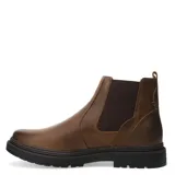 Botas tipo Chelsea de cuero negro con paneles elásticos laterales y suela de goma dentada. Diseño de punta redonda y estilo casual.