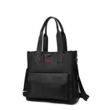 Bolso Las Oreiro Love de color negro, confeccionado en cuero sintético, con doble asa de mano, correa ajustable y desmontable, bolsillo frontal con solapa y detalle de logo bordado en rojo.