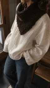 Bandana tejida artesanalmente en lana merino, con diseño de punto grueso y textura suave. Es un accesorio versátil y térmico, ideal para usar como abrigo ligero en el cuello.