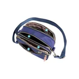 Bandolera de nylon color azul con tres compartimentos principales con cierre, correa ajustable y desmontable, y orificio lateral para salida de cable de carga o auriculares.