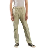 Pantalón de gabardina color beige, de calce recto, con cintura elástica y cordones de ajuste. Incluye bolsillos laterales y traseros.