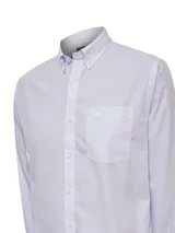 Camisa de manga larga de hombre RKF modelo Wf Pb, color lila con patrón de cuadros finos, cuello americano abotonado y bolsillo en el pecho con logo bordado.