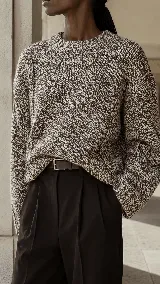 Sweater de lana con diseño jaspeado en tonos crudo y marrón, tejido con textura de trenzas y cuello redondo. Presenta un calce equilibrado y silueta al cuerpo.