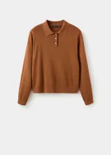 Jersey Olsen de punto fino, mezcla de algodón y lana, color marrón, con cuello polo y manga larga.