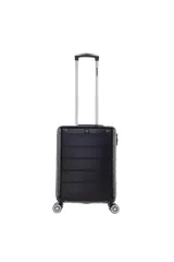 Valija carry on de cubierta rígida color negro, con ruedas dobles spinner 360 desmontables, candado incorporado y compartimiento interno con sistema de sujeción.