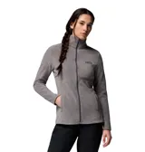 Polar Columbia Basin Trail III Full Zip para mujer, color gris, confeccionado en tejido de poliéster. Presenta cierre frontal completo, cuello alto y bolsillos laterales con cierre.