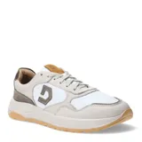 Championes urbanos Democrata modelo Lushio, con diseño de paneles en tonos beige, blanco y detalles en verde oliva. Presentan cierre con cordones, logo lateral distintivo y suela de goma en color caramelo.