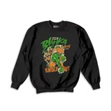 Buzo de cuello redondo y manga larga color negro, con estampa frontal inspirada en el personaje Blanka de Street Fighter en tonos verdes y naranjas.