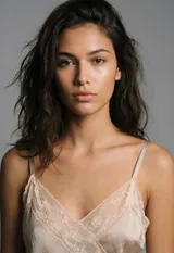 Camisola corta color beige satinado, con escote cruzado en V y detalles de encaje en el busto y el ruedo. Posee tirantes finos ajustables.