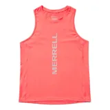 Musculosa deportiva Merrell de color coral, con cuello redondo y logo estampado verticalmente en el frente. Confeccionada en tejido técnico ligero, elástico y transpirable.