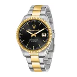 Reloj analógico Maserati Competizione con caja de acero inoxidable de 43mm en tono plateado y bisel estriado en color dorado. Esfera negra con indicadores y manecillas doradas, ventana de fecha y logo de la marca. Correa de eslabones de acero inoxidable en combinación de tonos plateado y dorado.